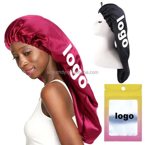 Wholesale Can Custom Logo Sleep Bonnets And Satin Hair Wraps Solid Color Long Hair Bonnet Silk Satin Sleeping Night cap