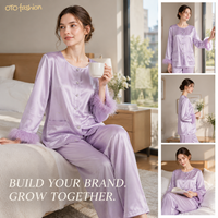 Ensemble deux pièces pour femmes en satin violet clair, avec poignets en plumes, vêtements de détente, vêtements de nuit, fabrication sur mesure, étiquette privée OEM