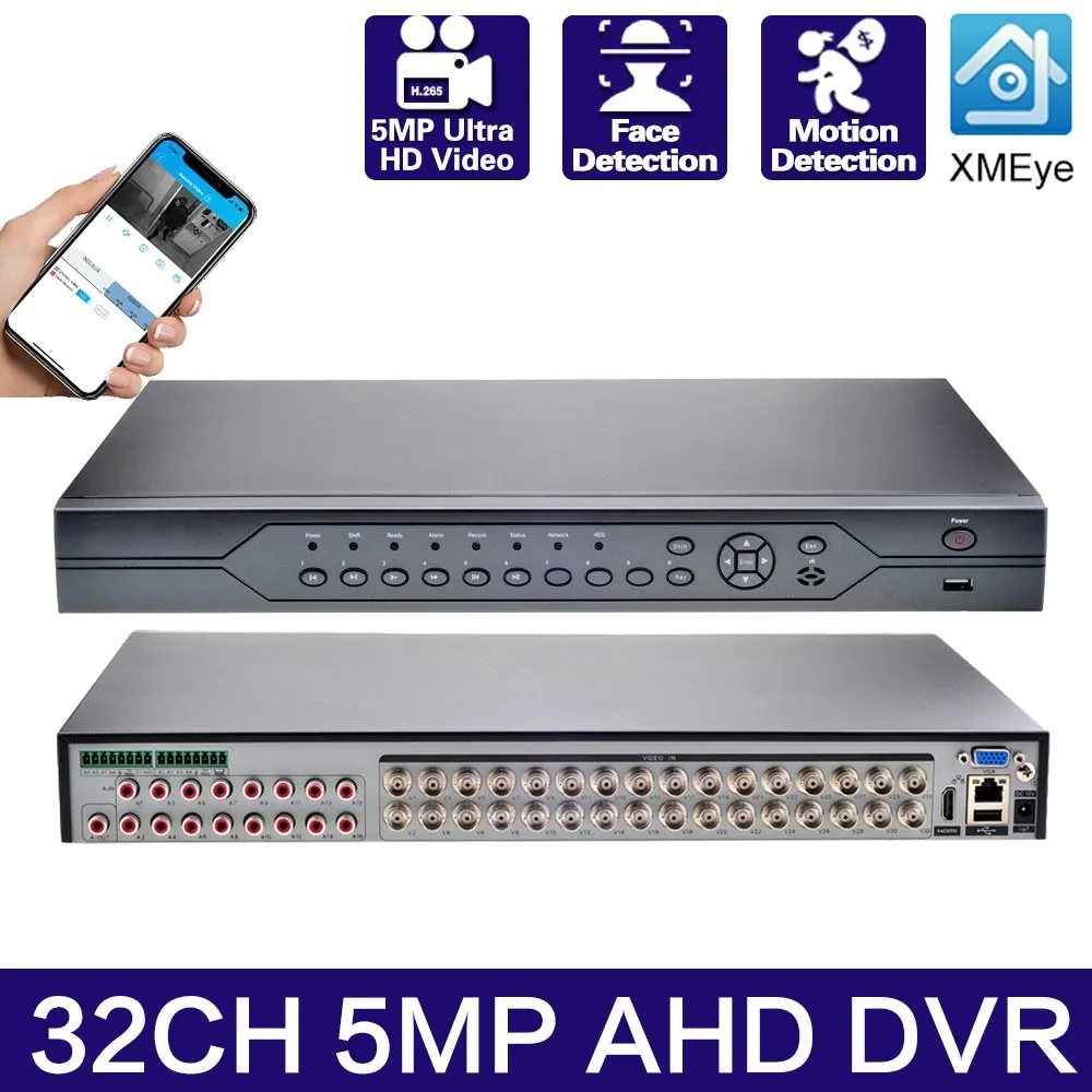32 Channel Cctv 32ch 5mp For Ahd Camera Dvr Cvi Tvi Nvr Hdmi 6-in-1 Coaxial Hybrid Nvr P2p Face Detection Security System Xmeye