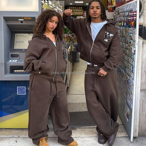 Custom Flat Embroidery Sweatsuits Two Pieces Fleece Tracksuit Set <strong>Oversized</strong> Cotton <strong>Joggers</strong> Flared Sweatpants and Hoodie Set Men - Product Image 3
