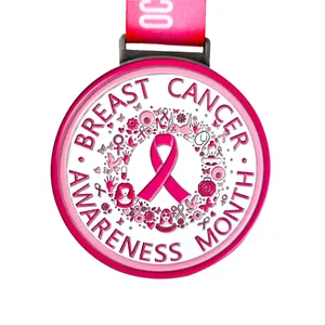 Jimat medali mewah kustom merah muda Enamel 2D3D produsen medali tali penyandang kesadaran kanker payudara
