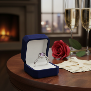 Rodiato placcato Asscher taglio colore viola CZ anelli a grappolo di fidanzamento taglia 5 con intarsio di perle pietra principale platino materiale - Product Image 5