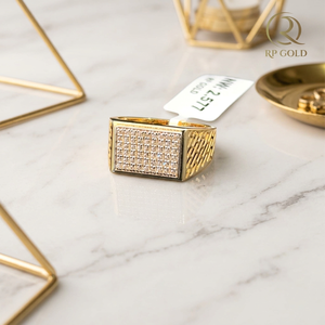 Premium <b>gold</b> <b>ring</b> with rectangular top and fully paved sparkling stones bold modern unisex jewelry perfect for parties and gifts - Product Image 1