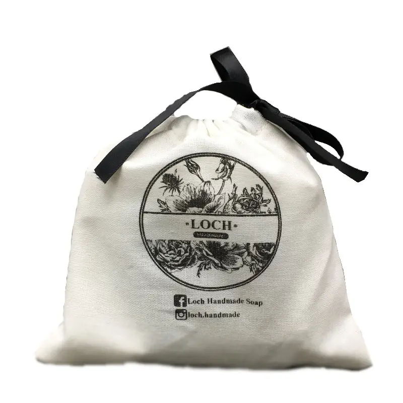 Tas serut kanvas katun ringan Logo kustom tas hadiah pernikahan ramah lingkungan dengan tali pita untuk belanja