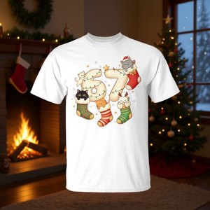 Camiseta unisex para adultos de manga corta con cuello redondo y estampado digital, con diseño de gatos navideños y meme de seis siete, para amantes de los gatos. - Product Image 3