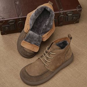 High <b>Top</b> Genuine Cow Leather Boots Round Toe Lace Up Plush Lining Rubber Sole Insulative <b>Walking</b> Shoes Autumn Winter Style - Product Image 3