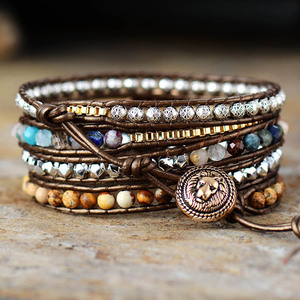 Pulsera de cuero de 5 hebras con piedra decorativa y engaste de bisel, tipo envolvente, Joyería - Product Image 2