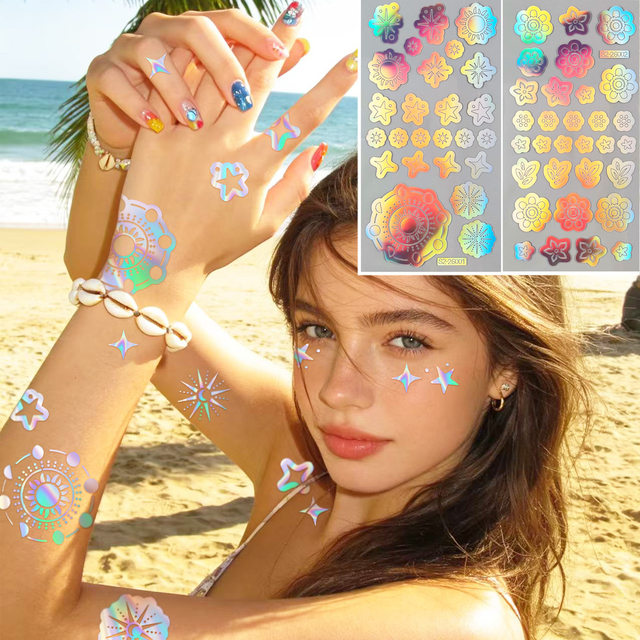 Laser Temporary Tattoo Stickers Iridescent Star Sun Waterproof Stickers for Music Festival Beach Party