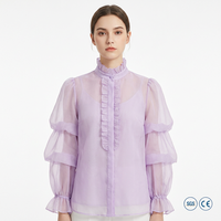 Chemisier Romantique Pastel Transparent à Volants, Blouse Sexy en Organza à Manches Lanterne, Haut Esthétique Coquette Vintage pour Femme, Personnalisable OEM