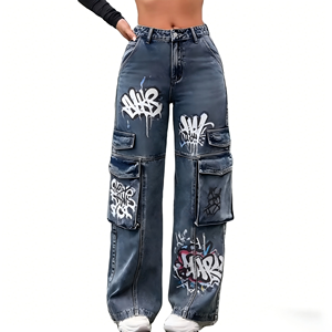 High Street Women Baggy <strong>Trousers</strong> High Rise Multi Pockets Faded Washed Denim Wide Leg Cargo Denim Jeans Womens Denim Jeans - Product Image 3