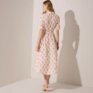 Robe chemise de luxe en gros, nouvelle collection, motif <span class=keywords><strong>floral</strong></span> crème et rouge, taille haute, coupe ajustée, vêtements pour femmes, logo personnalisé en gros - Product Image 4