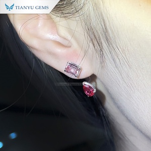 Tianyu Gems Custom 18K gold <b>Emerald</b> cut Morganite and Pear Red Paparacha Women 's <b>Stud</b> <b>Earrings</b>. - Product Image 3