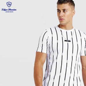 Mode 100% coton pas cher hommes imprimé personnalisé col rond hommes rayure imprimé T-Shirt avec onglet tissé - Product Image 4