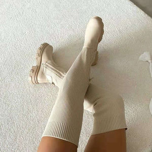 Haute qualité mode hiver couleur Pure cuir tricoté sur le genou talon haut femmes bottes hautes jambes chaussures femmes bottes longues - Product Image 4