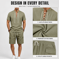 Ensemble 2 pièces pour homme en coton et lin mélangé avec chemise à col montant à lacets et short cargo, tenue décontractée d'été pour homme