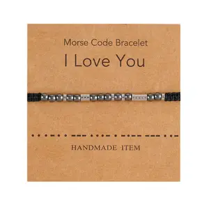Pulseira de aço inoxidável para homens e mulheres, joia com miçangas pretas código Morse I love you