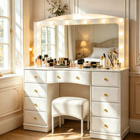 En gros Coiffeuse moderne blanche pour hôtel avec miroir LED, 9 tiroirs et tabouret rembourré, mobilier de chambre