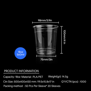 แก้วน้ำพลาสติก PET ใส ขนาด 98 มม. 18 ออนซ์ ใช้แล้วทิ้ง ปลอดสาร BPA เกรดสำหรับอาหาร เหมาะสำหรับชานมไข่มุก สมูทตี้ น้ำผลไม้ เครื่องดื่มเย็น  รับทำโลโก้ตามสั่ง - Product Image 2