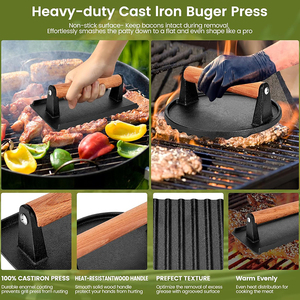 Prensa para Hamburguesas Antiadherente, Prensa para Carne, <span class=keywords><strong>Plancha</strong></span> de Hierro Fundido Resistente, Prensa para Hamburguesas con Mango de Madera - Product Image 4