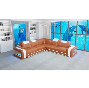 Top Grain Genuine Leather Sofa Super Modern Style LED Lamps Living Room Sofa Set Sectional l shape Sofa Set Recliner