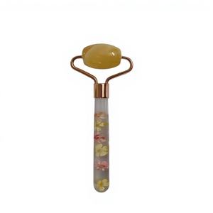 Masseur facial en jade jaune beige, massage gua sha, poignée en forme de fleur, rouleau de massage en forme de fleur - Product Image 1