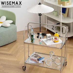 WISEMAX家具简约北欧设计玻璃金属客厅迷你3层可折叠手推车储物架推车