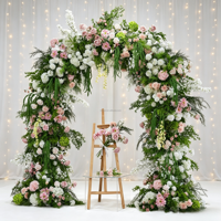 Ensemble d'arches florales pastorales style Monet, fleurs artificielles roses, blanches et vertes pour décoration de toile de fond de mariage en extérieur et événements photographiques