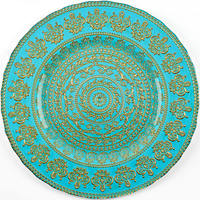 Assiettes de présentation en verre de 13 pouces, motif mandala doré en relief, assiette décorative ronde de luxe pour la décoration de table de mariage ou de banquet