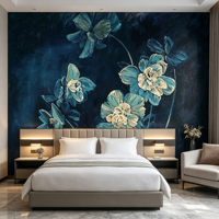 Wallpaper Bunga Biru Tua Kustom Lukisan Minyak Mural Bunga Mewah Ruang Tamu Apartemen Dinding Latar Belakang Tahan Air Seni Modern