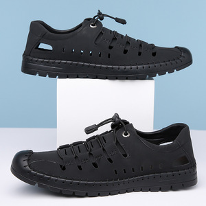 Sandales plates pour hommes en cuir véritable, à bout ouvert, à lacets, chaussures décontractées d'été respirantes, semelle extérieure en caoutchouc, couleur unie, chaussures de papa - Product Image 4