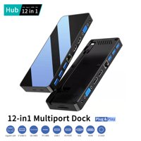 Hub USB-C 12-en-1 double 4K HDTV VGA 1080P 3 USB-A 3.0 100W PD SD/TF lecteur de carte Gigabit LAN Audio Hub pour un transfert de données efficace