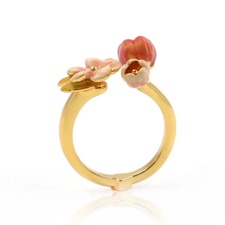 Wholesale Hot-Sell Fashion Latest Design Gold Plated Pink Flower Beautiful Women Jewelry Enamel Ring