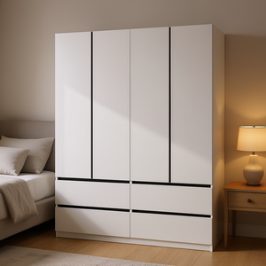 Armoire en bois blanc à 4 portes et 4 tiroirs, placard de chambre avec tringle de suspension et 3 étagères, design minimaliste moderne - Product Image 2