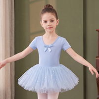 Vestido de Ballet de Algodón para Niñas, con Tutú y Leotardo, para Práctica de Danza y Actuaciones en Escenario, Manga Corta, Decoración de Lazo, Falda de Tul Brillante