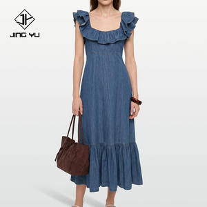 Robe en jean hawaïenne sur mesure, élégante, à col carré, avec volants en denim bouffant, de haute qualité, douce, 100% coton. - Product Image 1