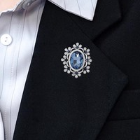 Bros Cermin Bunga Biru Retro Mewah untuk Wanita, Corsage Kristal Elegan Berkualitas Tinggi, Pin Personal untuk Aksesori Setelan, Bahan Paduan Logam