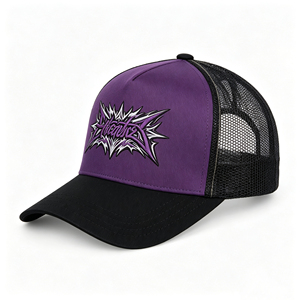<b>Purple</b> Black Mesh Trucker Cap with Graffiti Embroidery Adjustable Snapback Breathable Sun <b>Hat</b> for Outdoor & Daily Wear - Product Image 2