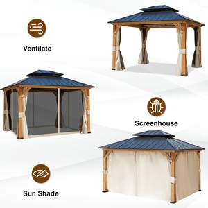 Gazebo en bois massif brun avec revêtement PVC pour l'extérieur, rideaux d'intimité imperméables, <span class=keywords><strong>moustiquaire</strong></span>, toit rigide imperméable pour patio et jardin - Product Image 6