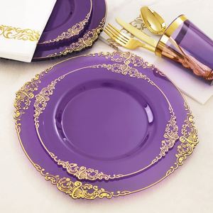 Assiettes jetables de 10,25 pouces pour dîner et mariage, bord doré, style américain, finition polie, 50/paquet pour mariages, fêtes, Thanksgiving - Product Image 1