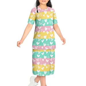 Dropshipping服装印花爱心设计定制儿童连衣裙短袖两件套女童夏季套装儿童连衣裙