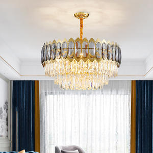 Lámpara de techo de oro cepillado Sala de estar Candelabros de cristal K9 gris humo de lujo modernos - Product Image 6