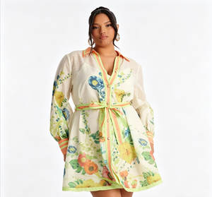 Abito chemisier floreale <span class=keywords><strong>da</strong></span> donna taglie forti, a maniche lunghe, casual, <span class=keywords><strong>da</strong></span> sera, mini, con cintura, per signore, modello A-Line, all'ingrosso, ODM - Product Image 5