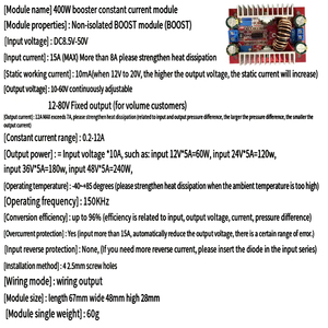 DC 400W 15A convertisseur élévateur à courant constant alimentation LED pilote 8.5-50V à <span class=keywords><strong>10</strong></span>-60V chargeur de tension Module élévateur - Product Image 6
