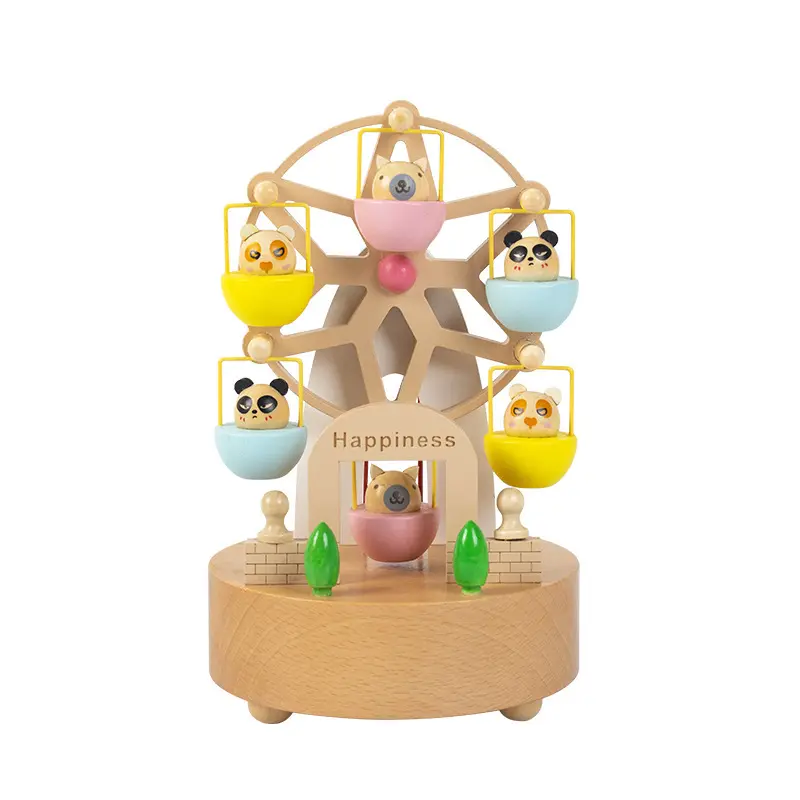 Kotak musik terbuat dari kayu berkualitas menampilkan roda Ferris dengan hewan lucu | Memainkan "Castle in The Sky Song"