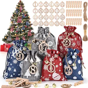 Neue Yw Umweltfreundliche Großhandels-Weihnachtsgeschenkset Leinen Jute Kordelzugbeutel 17.5x17.5x17.5cm Adventskalender Countdown - Product Image 3
