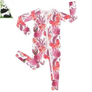 Kişiselleştirilmiş baskılı bambu bebek giysileri flamingo cabrio bebek uyuyan bir fermuar ile 95% bambu viskon 5% spandex pijama