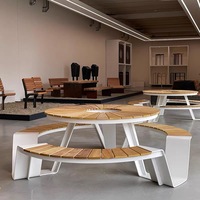 Ensemble table et banc circulaires en acier inoxydable et teck pour parc, mobilier de pique-nique extérieur commercial, ensemble table et banc circulaires intégrés pour parc