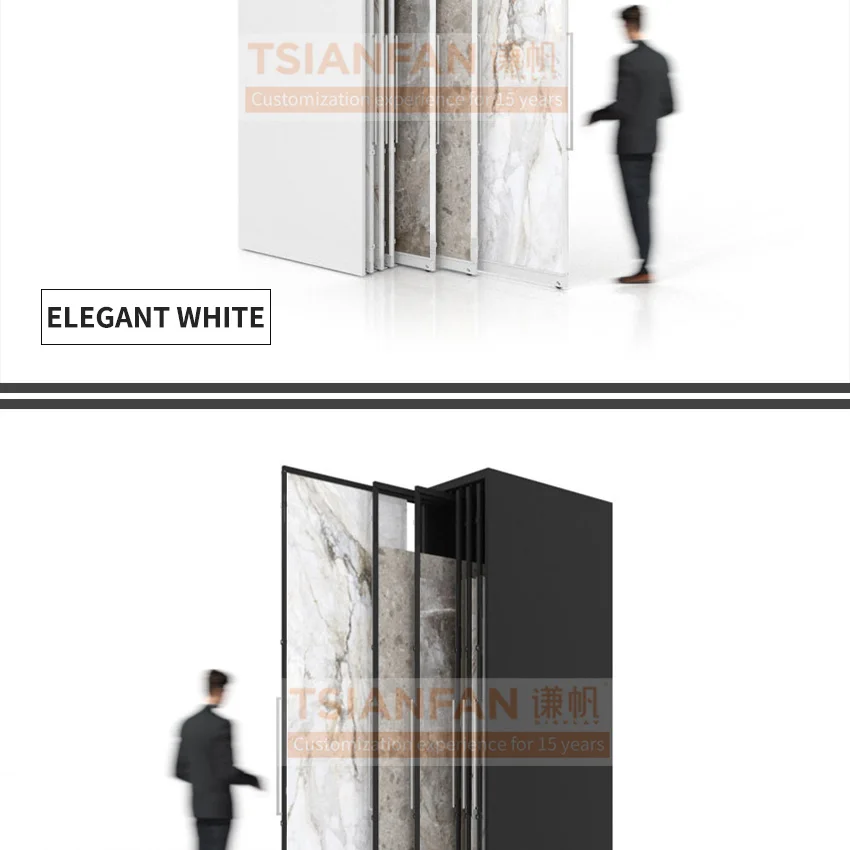 Tsianfan Customized Telescopic Metal Holder Panel Marble Granite Sliding Display System Rack Stand Stone Tile Sample Showroom