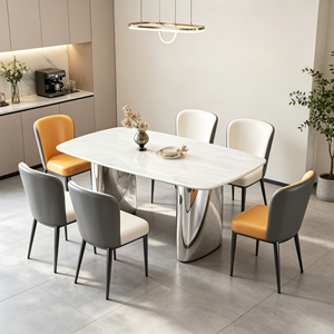 Ensemble de table à manger rectangulaire de luxe en pierre frittée, base en acier inoxydable blanc avec 6 chaises en PU aux couleurs assorties, meubles de salle à manger - Product Image 5