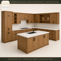 Ensemble complet d'armoires de cuisine sur mesure en chêne naturel, portes Shaker, quincaillerie à fermeture amortie, plan de travail en pierre, échantillons OEM/ODM acceptés